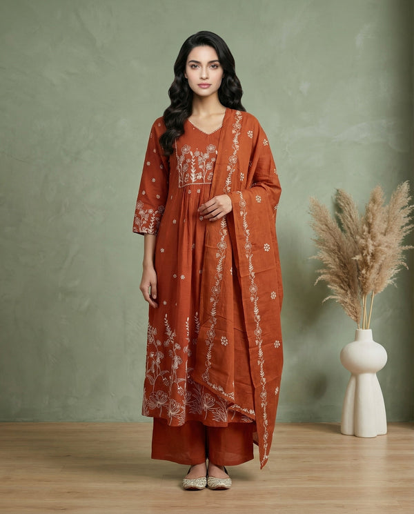 Rust Orange Floral Embroidered A-Line Kurta with Palazzo & Dupatta Set-0