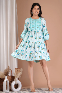 Cotton Printed Sefley Embroidery Short Dress-0