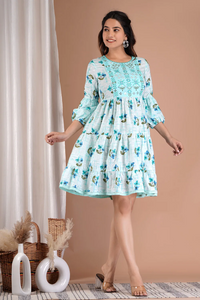 Cotton Printed Sefley Embroidery Short Dress-3