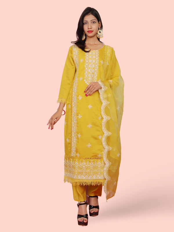 Yellow Embroidered Organza Suit-0