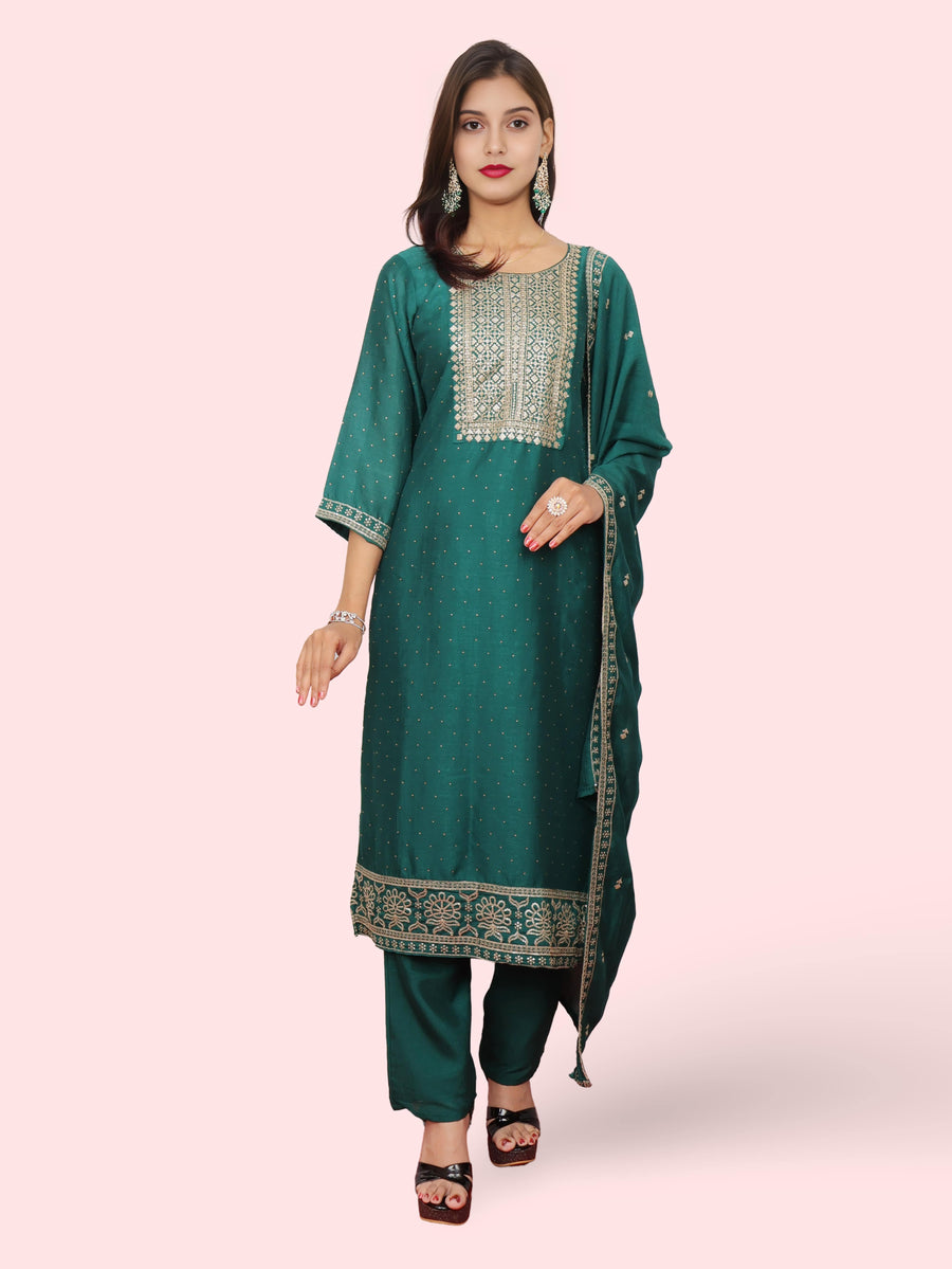 Dark Green Embroidered Straight Suit Set