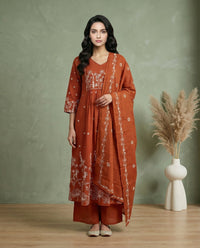 Rust Orange Floral Embroidered A-Line Kurta with Palazzo & Dupatta Set-0